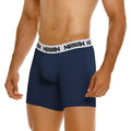 Navy blue MetroMaleWear cotton mid boxer briefs with 10 inch inseam and white waistband featuring black logo text