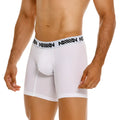 White men’s cotton boxer briefs with a black amin logo band metro male wear cotton mid boxer 10 inch white 3023-00