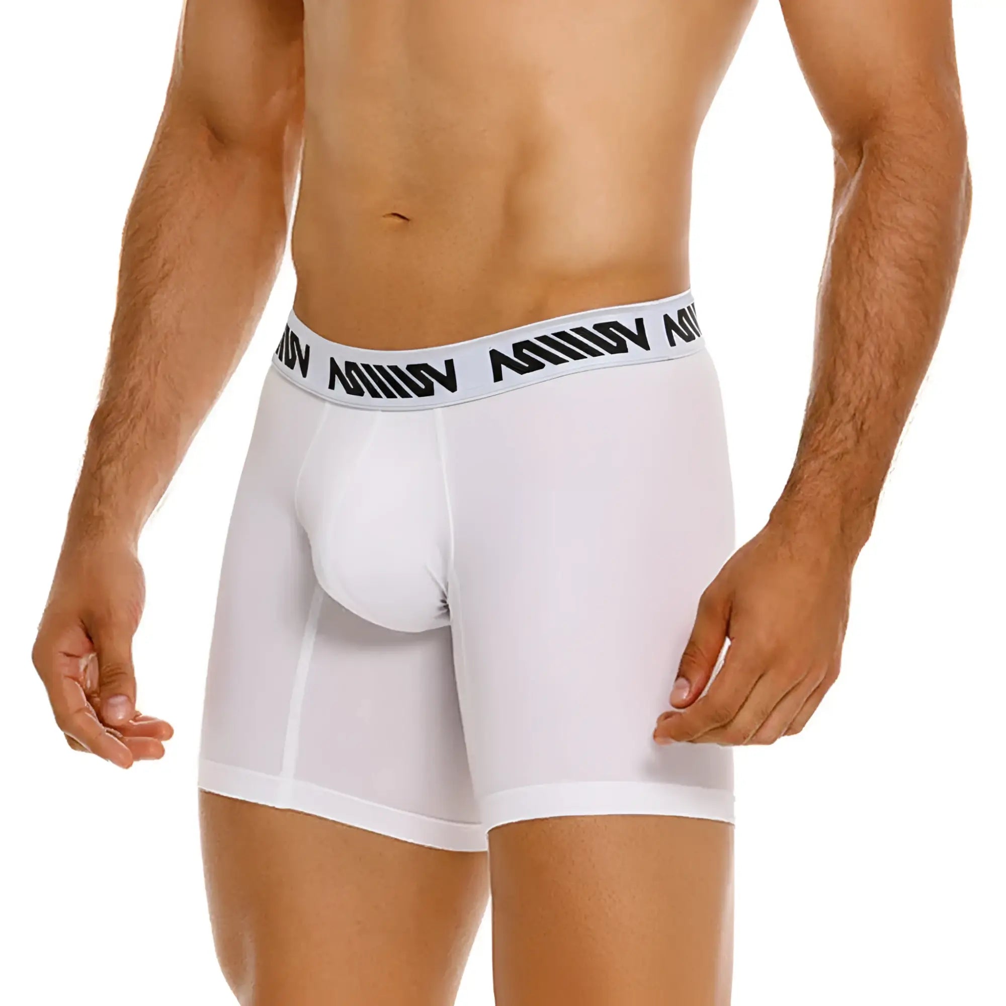 White men’s cotton boxer briefs with a black amin logo band metro male wear cotton mid boxer 10 inch white 3023-00