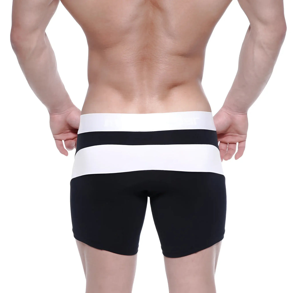 MetroMaleWear cotton mid boxer arc 10 inch black and white striped athletic shorts with a snug form fitting design