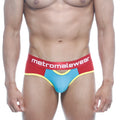 Red and blue cotton men’s briefs with yellow trim and metromalewear logo on red waistband metroMalewear cotton open brief red 9003-40