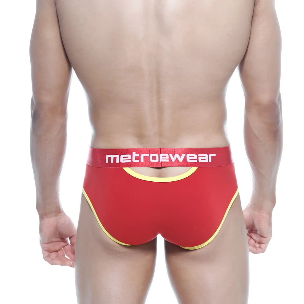 Red metrowear cotton open briefs with yellow trim and white logo on waistband model 9003-40 front view