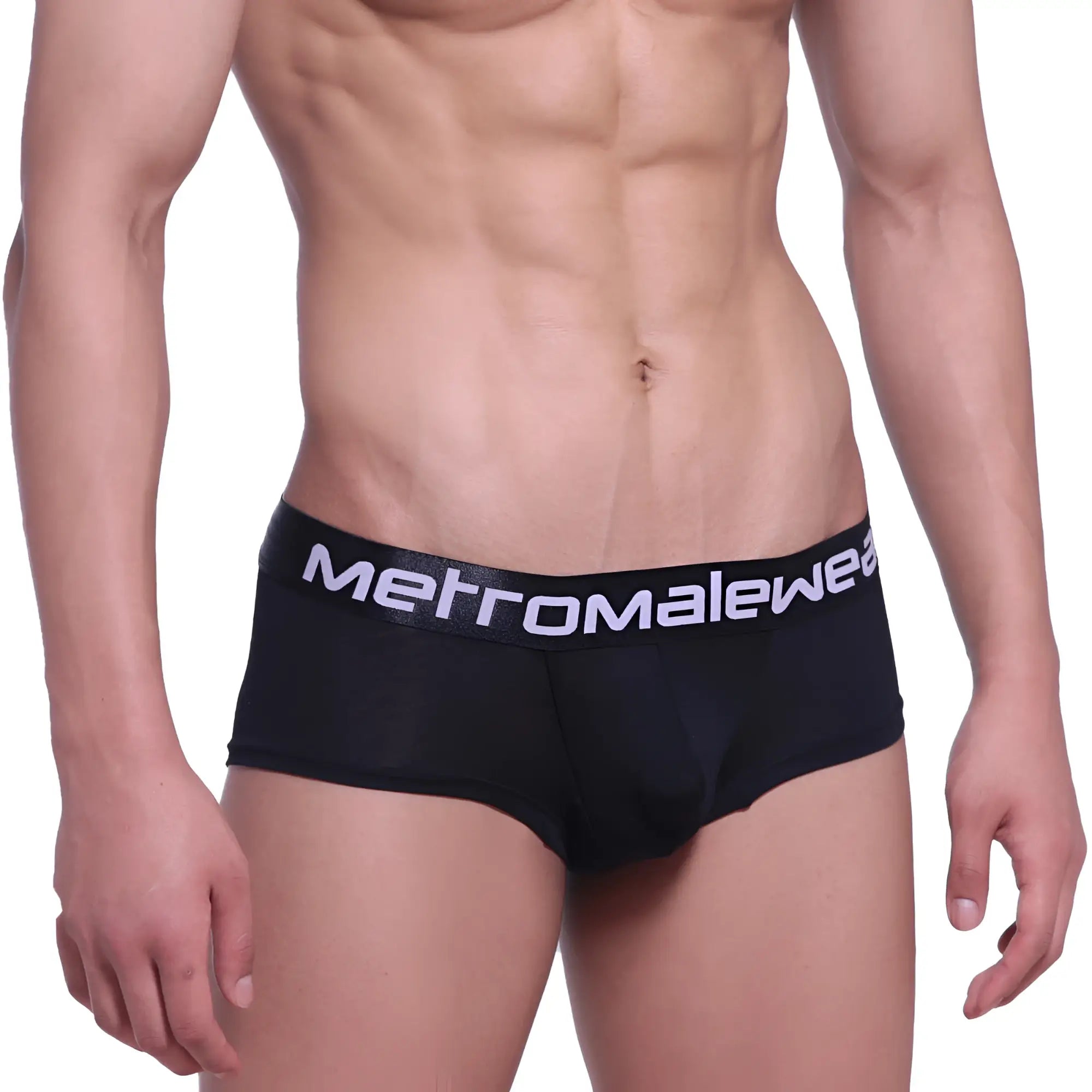 Black metro male wear cotton pouch boxer briefs in black with white logo waistband for comfortable support