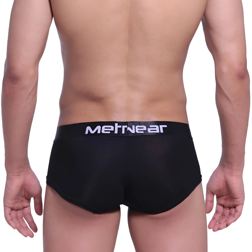 Black metnear brand cotton pouch boxer briefs with white logo waistband metro malewear 3013-20 front view