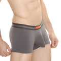 Gray cotton metroMalewear pouch boxer briefs with black waistband white stripes and orange milk brand label