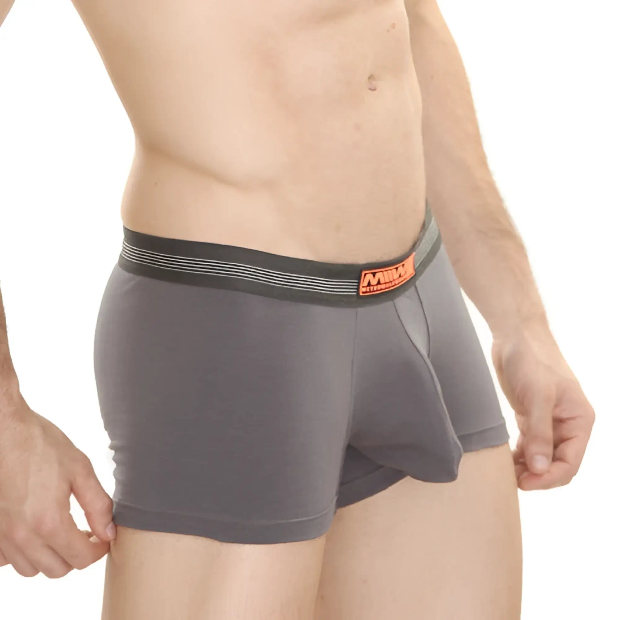 Gray cotton metroMalewear pouch boxer briefs with black waistband white stripes and orange milk brand label
