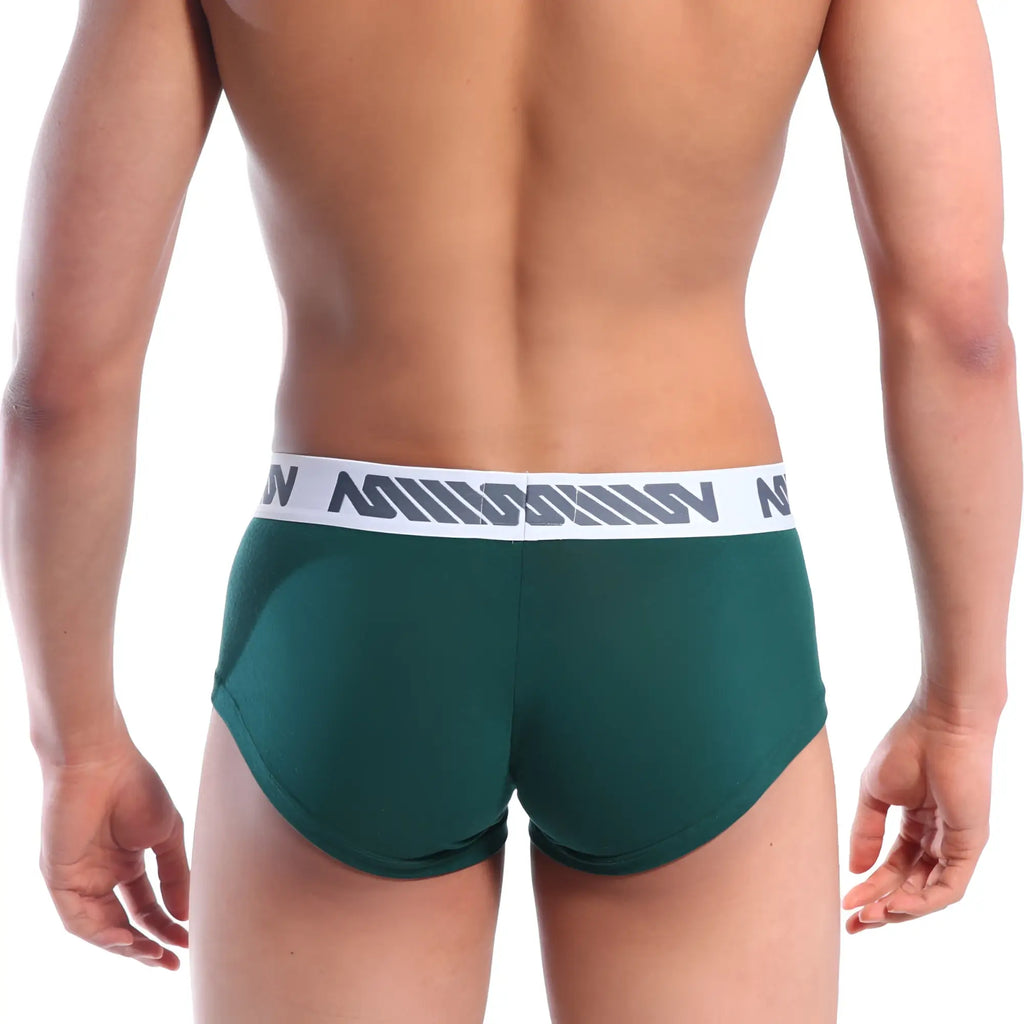 MetroMaleWear cotton pouch boxer in pine green with dark green briefs and white elastic waistband with gray logo pattern