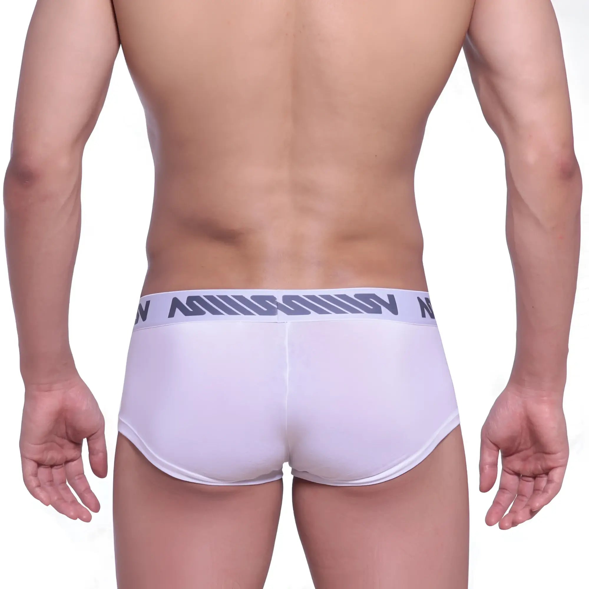 White mens cotton pouch boxer briefs with gray elastic waistband featuring bold milsom branding from MetroMaleWear