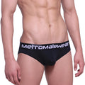 Black cotton pouch hip briefs with white metromalewear logo on waistband for comfortable everyday wear
