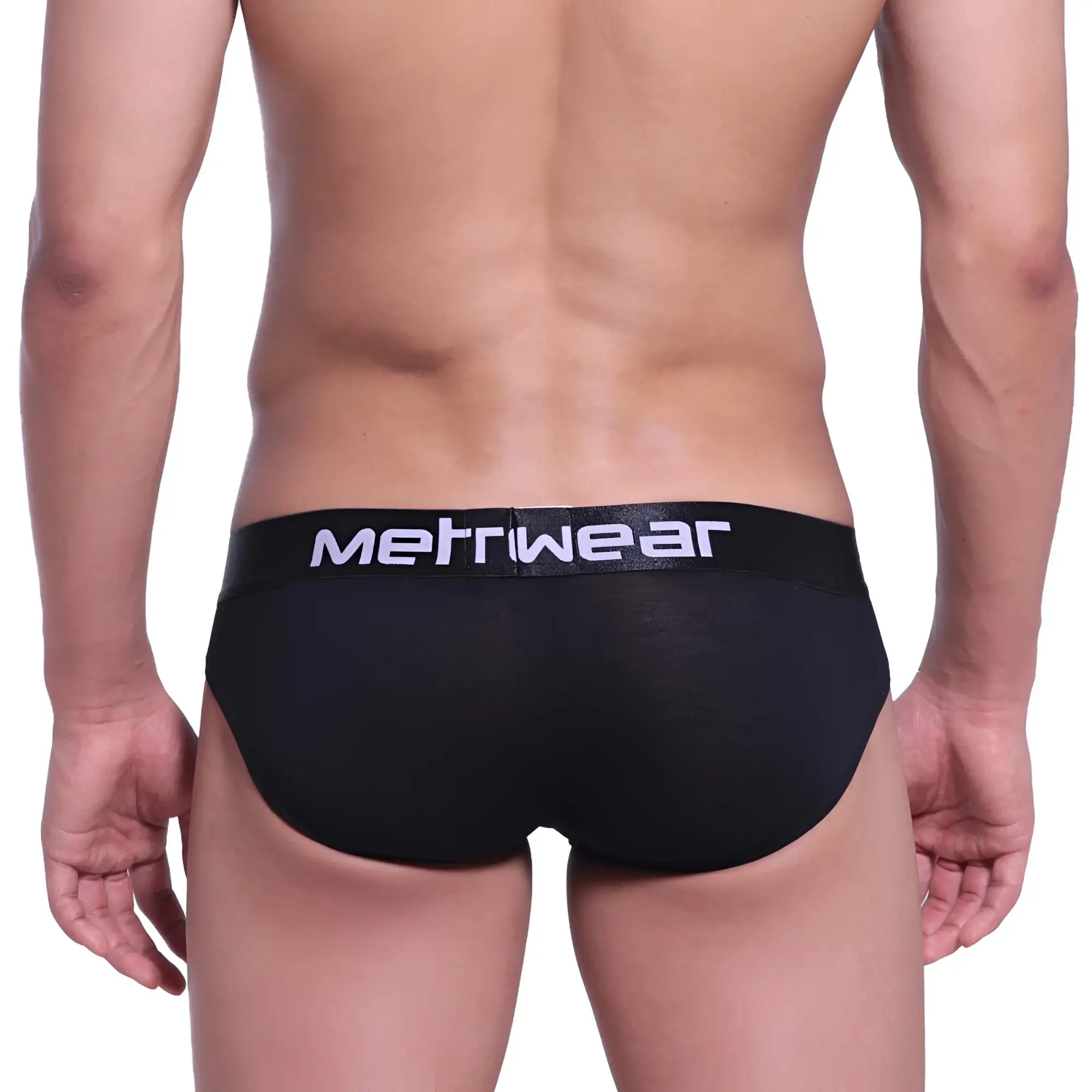 Black cotton pouch hip briefs by metromalewear featuring a white logo on the waistband model 3003-20