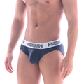 Navy blue MetroMaleWear cotton pouch hip briefs with white elastic waistband and dark gray logo pattern
