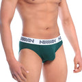 MetroMaleWear cotton pouch hip brief pine green with white elastic waistband and gray geometric logo pattern