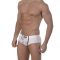 White men’s briefs with red and black trim featuring jonny logo on waistband metroMaleWear cotton punto white 7003-00