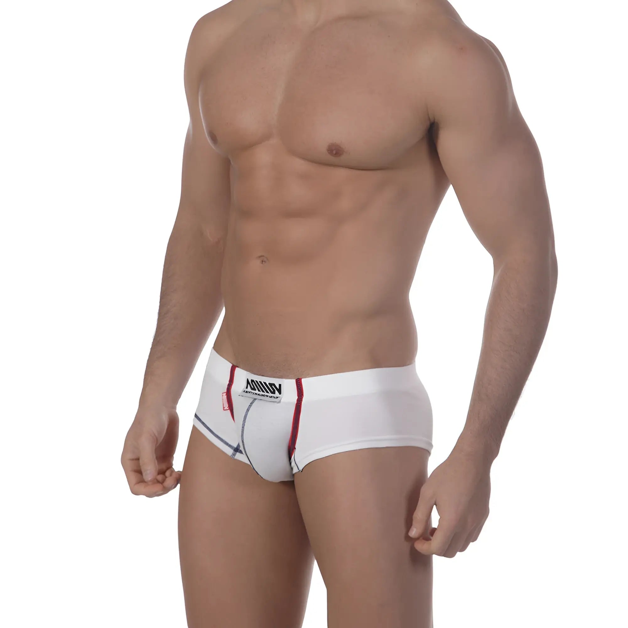 White men’s briefs with red and black trim featuring jonny logo on waistband metroMaleWear cotton punto white 7003-00