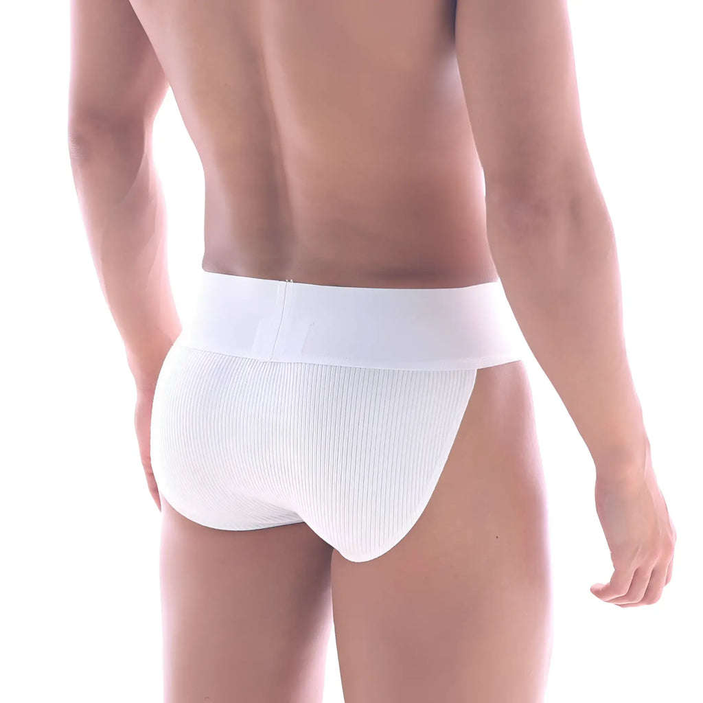 White cotton rib bikini briefs with a smooth elastic waistband from MetroMaleWear model 3004-W00