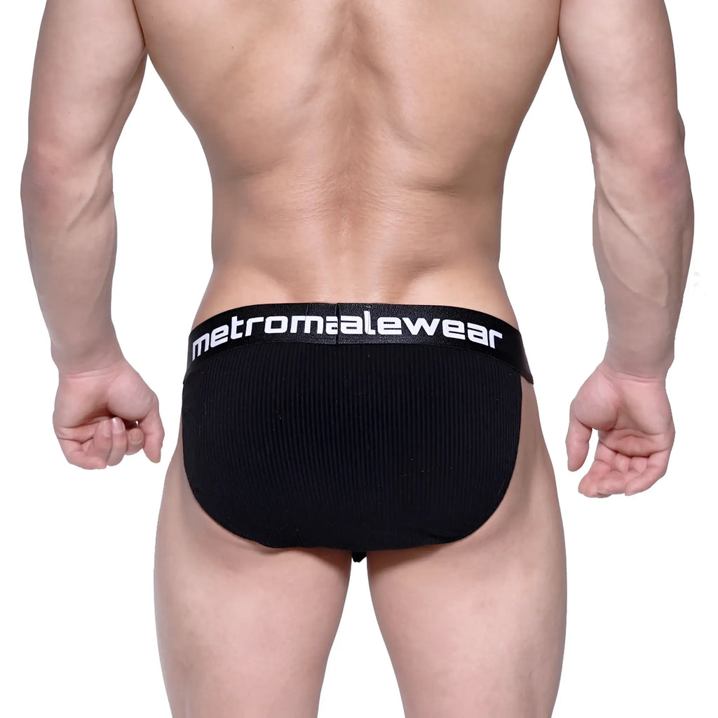 Black cotton rib bulge bikini briefs with white metromalewear logo on waistband for comfortable everyday wear
