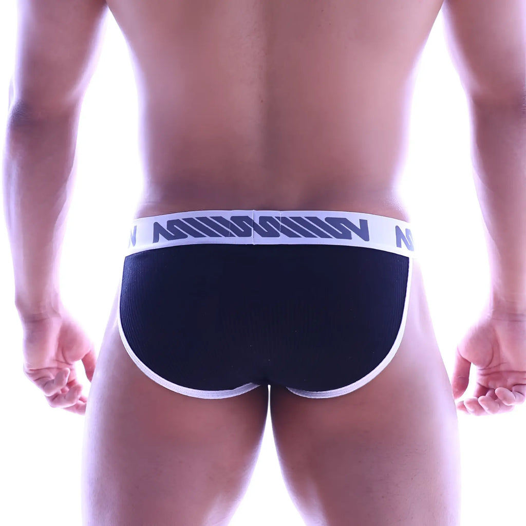 Black cotton ribbed athletic briefs with a white elastic waistband featuring a dark blue MetroMaleWear logo pattern