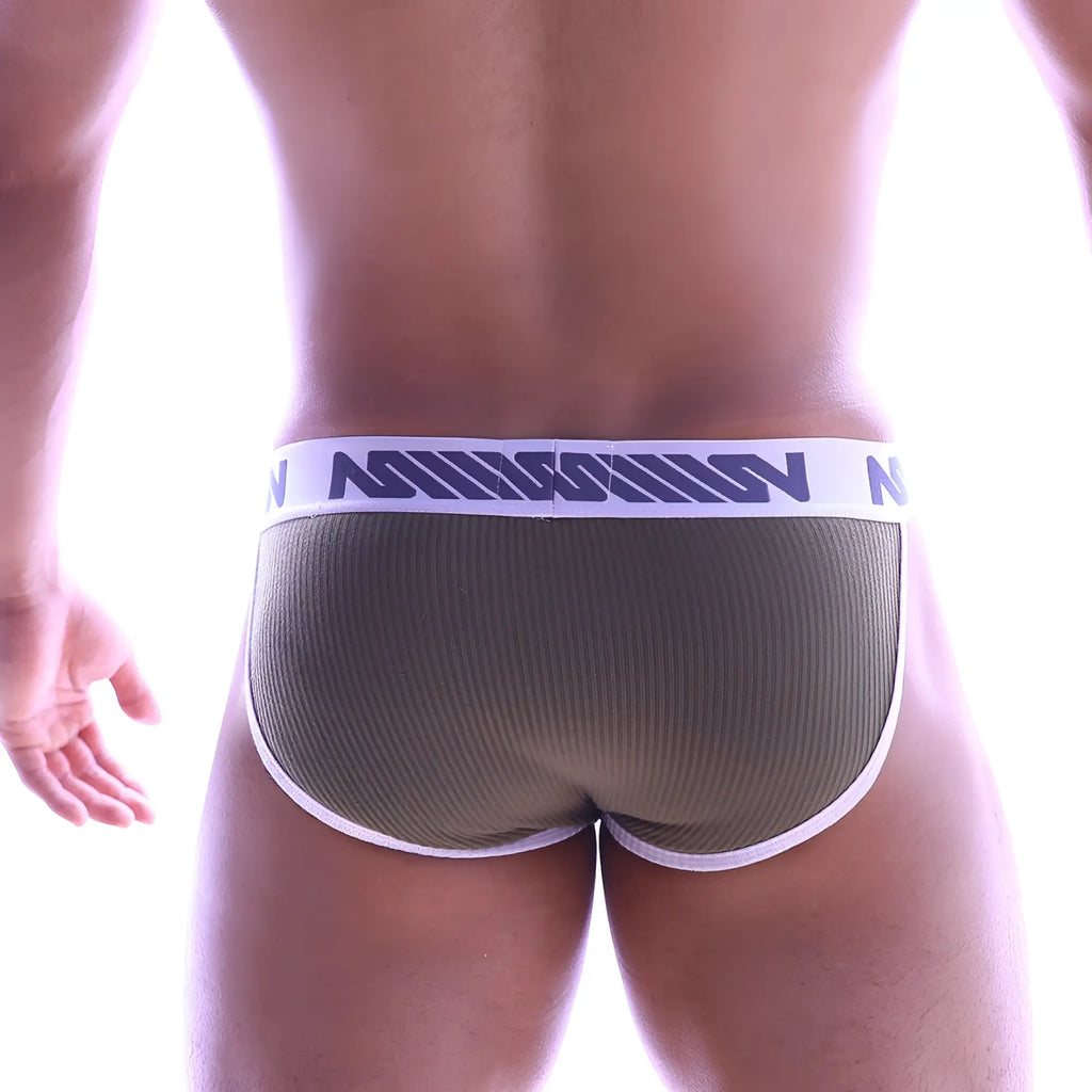 MetroMalewear cotton ribbed bikini khaki men underwear with white trim and navy mission logo waistband