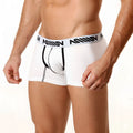 White mens cotton boxer briefs with black million logo waistband metroMaleWear 7 inch short 3022-00