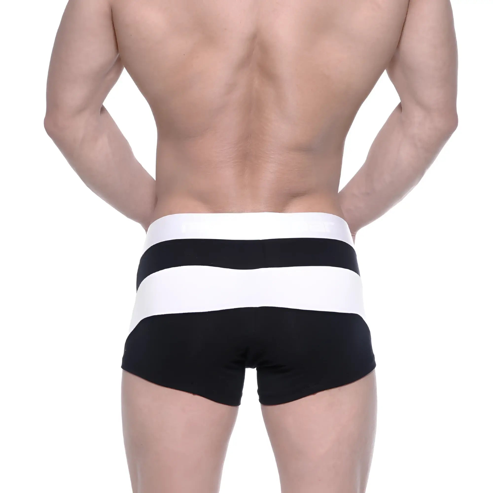 Black and white striped cotton metro male wear short boxer briefs with wide elastic waistband front view