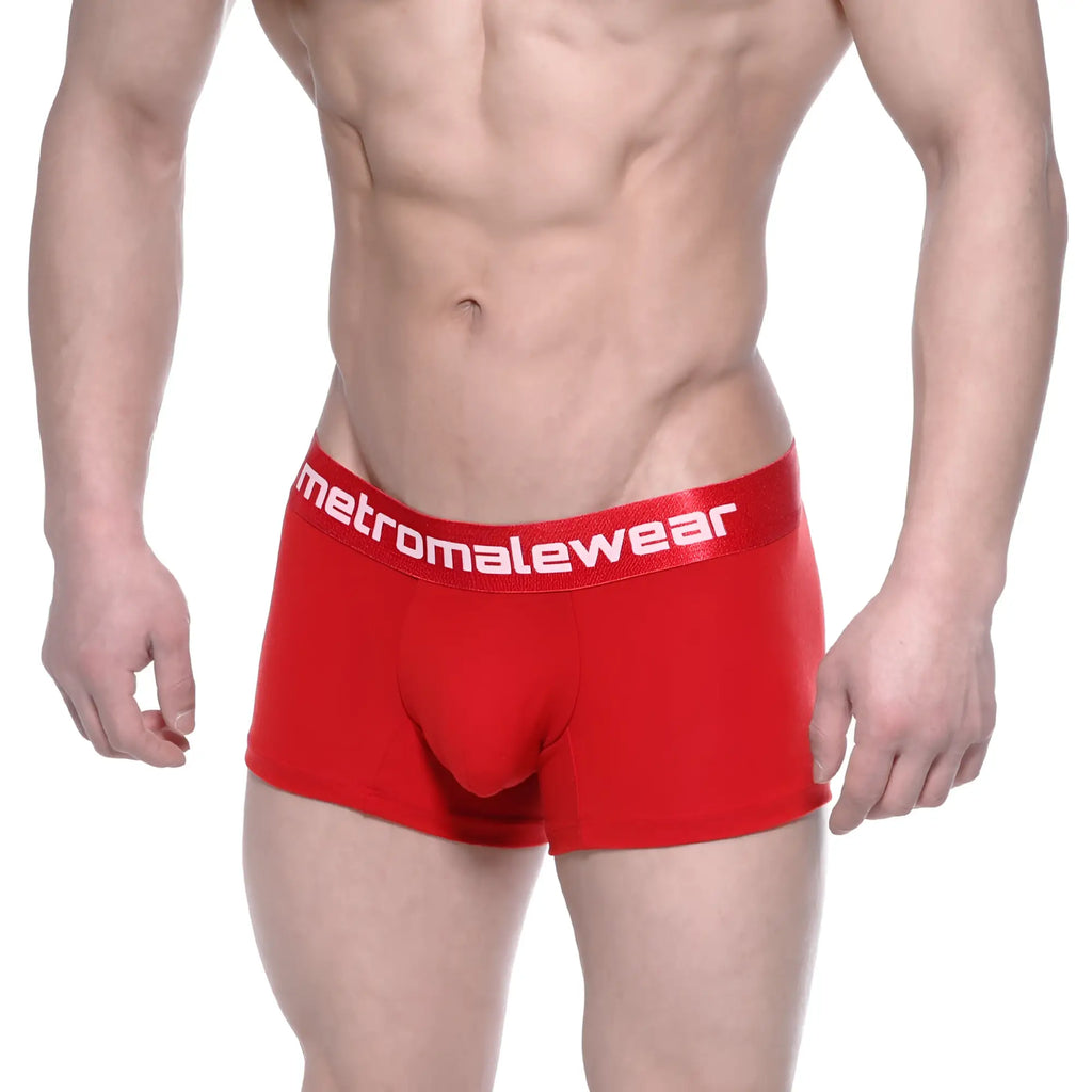 Red cotton men’s boxer briefs with 7 inch inseam featuring white metromalewear logo on crimson waistband