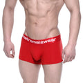 Red cotton men’s boxer briefs with 7 inch inseam featuring white metromalewear logo on crimson waistband