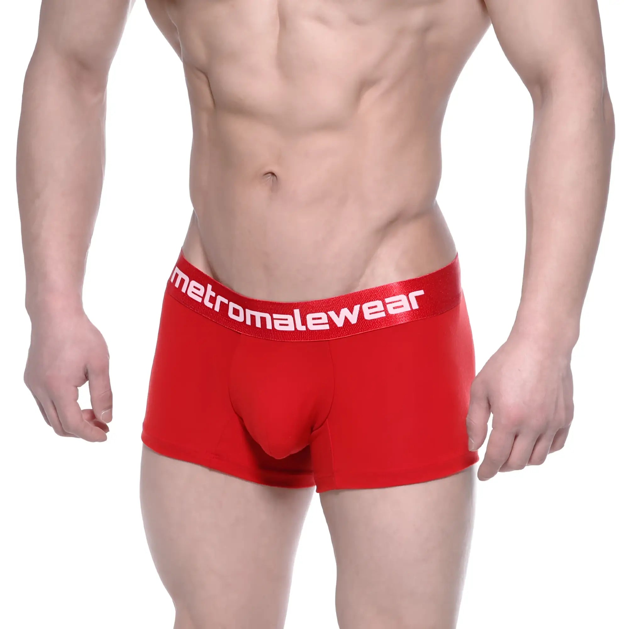 Red cotton men’s boxer briefs with 7 inch inseam featuring white metromalewear logo on crimson waistband