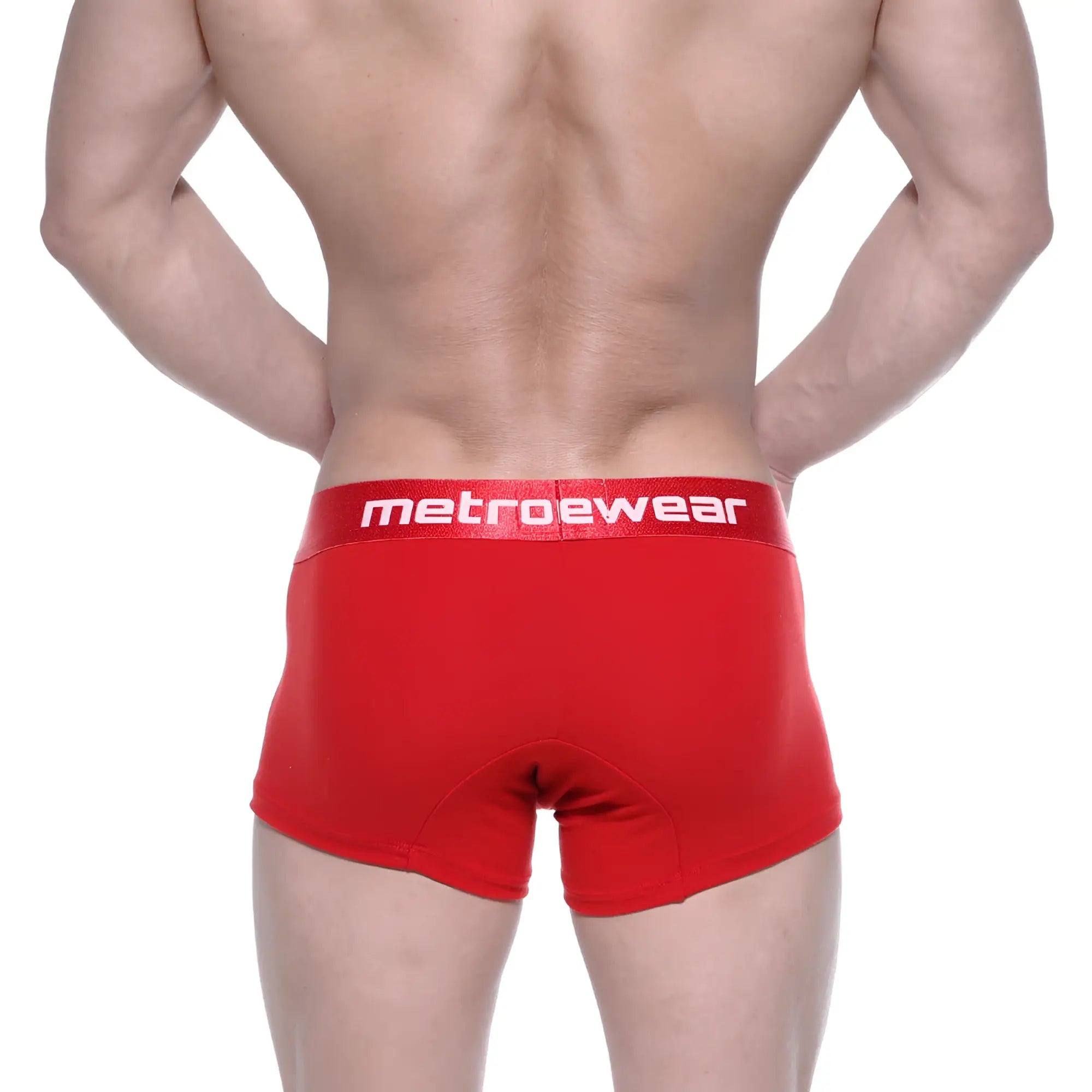 Red metrowear cotton short boxer briefs with a white logo waistband for comfortable everyday wear