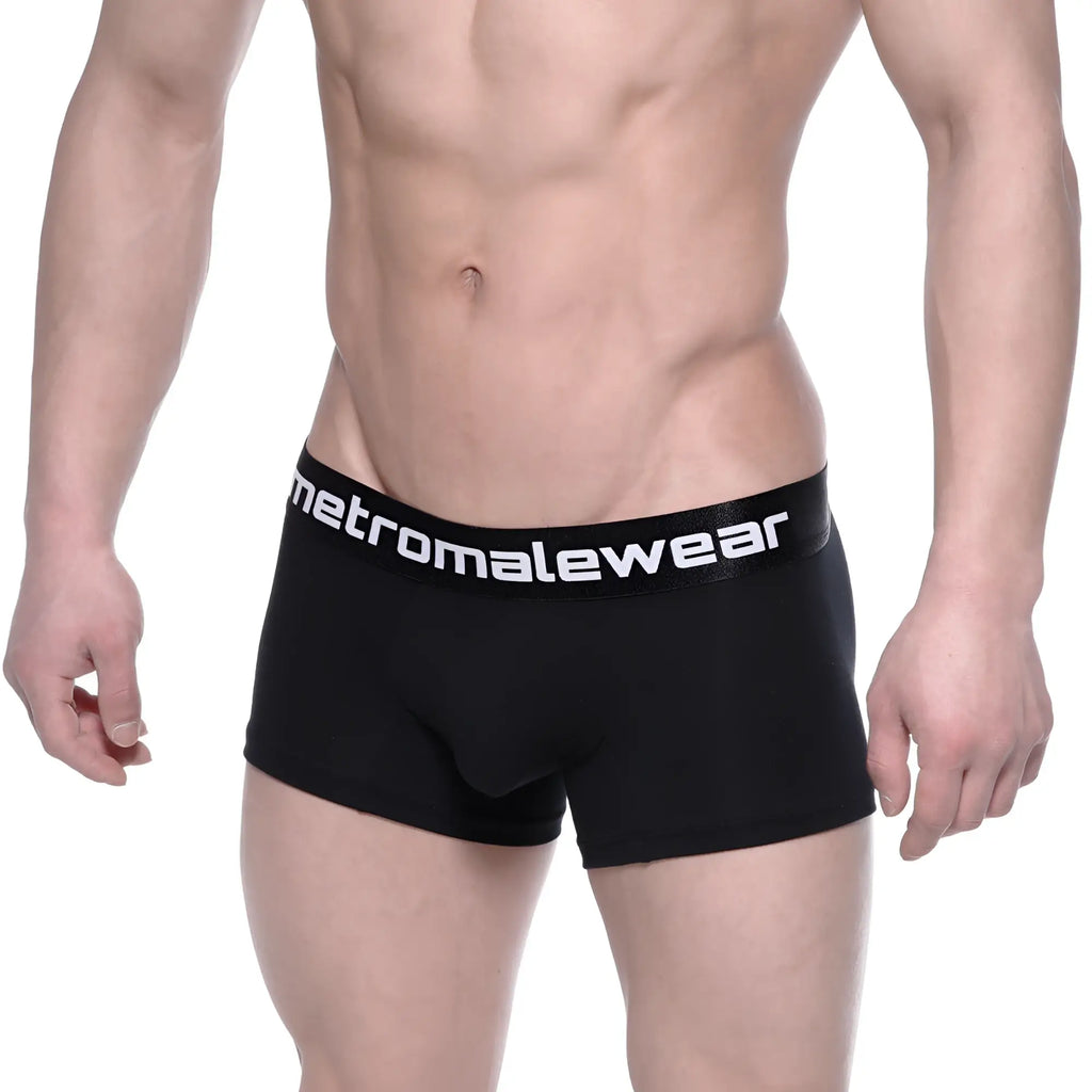 Black mens cotton boxer briefs with white metromalewear logo on waistband intense 7 inch length