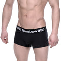 Black mens cotton boxer briefs with white metromalewear logo on waistband intense 7 inch length