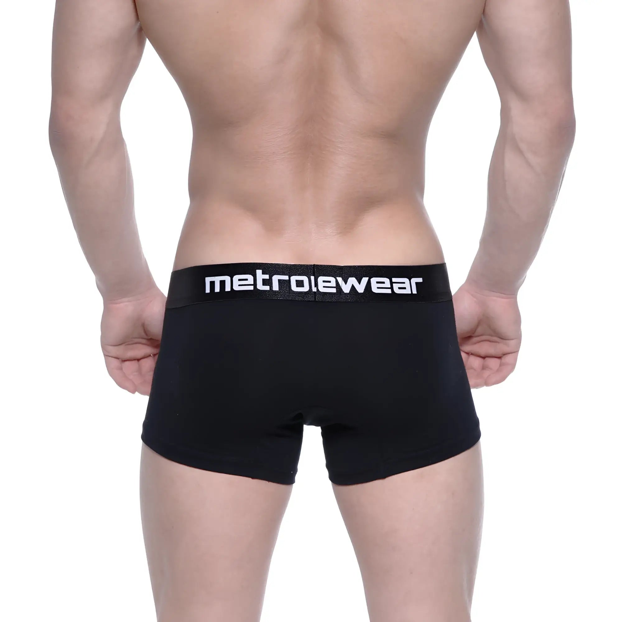 Black MetroMaleWear cotton short boxer briefs with white logo waistband and 7 inch inseam for intense comfort
