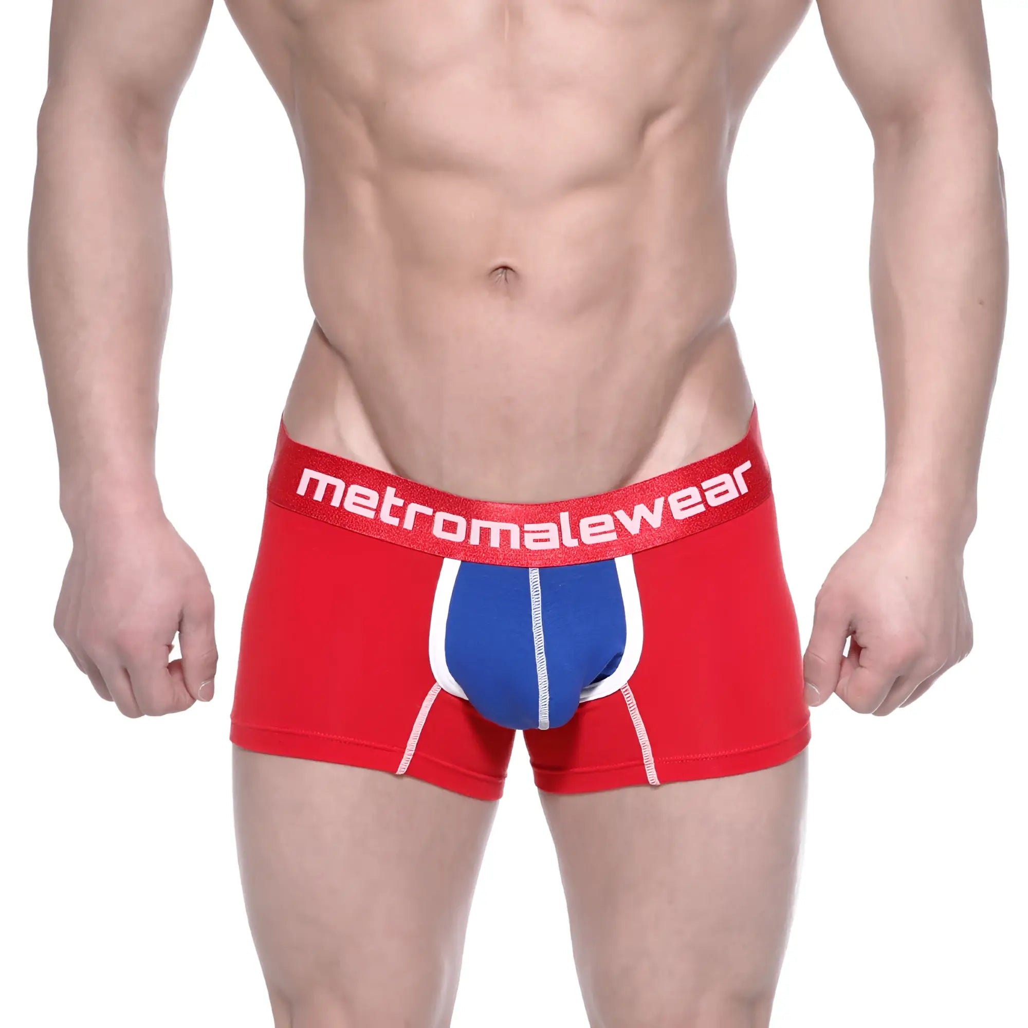 Red and blue cotton men’s boxer briefs with white trim and metromalewear logo on the waistband in MetroMaleWear style