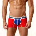 Red and blue cotton metro male wear men’s boxer briefs with white waistband and black miiow branding 7 inch length