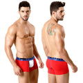 Red men’s cotton boxer briefs with white pouch and blue men’s underwear branded waistband metro male wear 7 inch