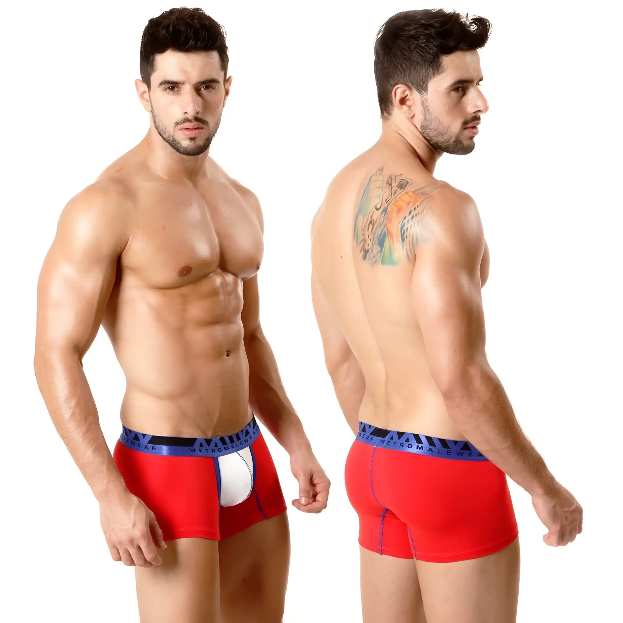 Red men’s cotton boxer briefs with white pouch and blue men’s underwear branded waistband metro male wear 7 inch