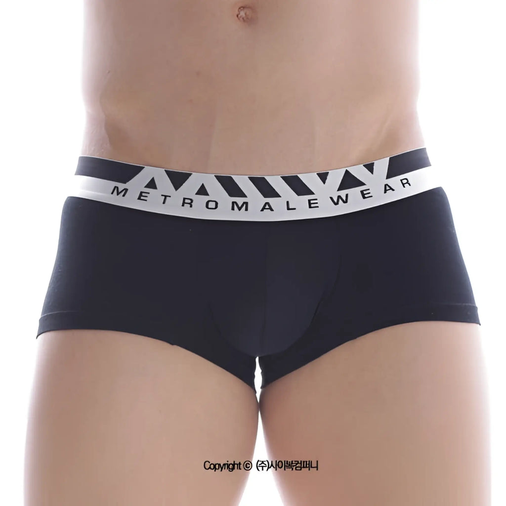 Black metro malewear cotton short boxer briefs with white elastic waistband and geometric triangle patterns