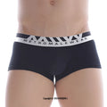 Black metro malewear cotton short boxer briefs with white elastic waistband and geometric triangle patterns