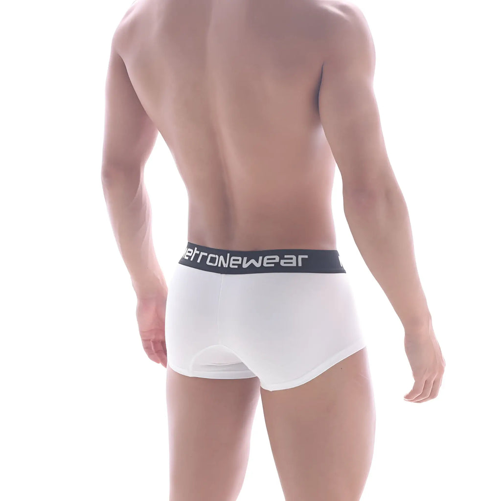 White metro malewear cotton short boxer briefs with black aeronewear waistband solid 7 inch length