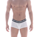 White cotton metroMaleWear short boxer briefs with black elastic waistband and white logo lettering