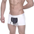 White cotton metro male wear short boxer briefs with 7 inch wide black mesh panel and branded elastic waistband