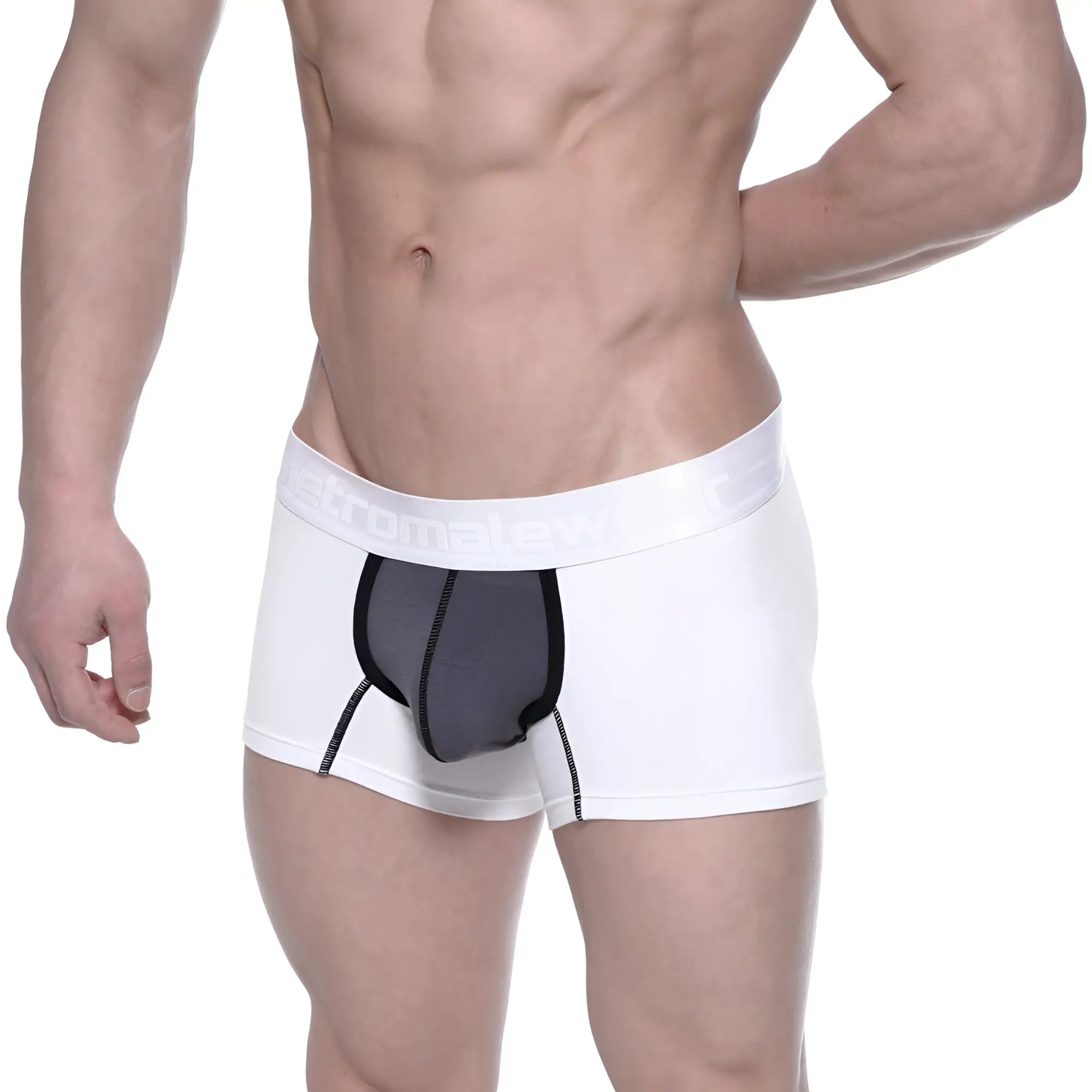 White cotton metro male wear short boxer briefs with 7 inch wide black mesh panel and branded elastic waistband