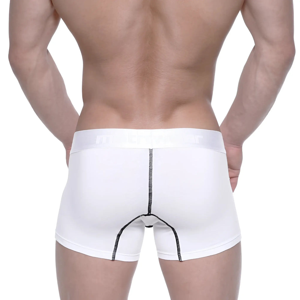 White metroMalewear cotton boxer briefs with black seam stitching and subtle waistband logo in wider 7 inch length