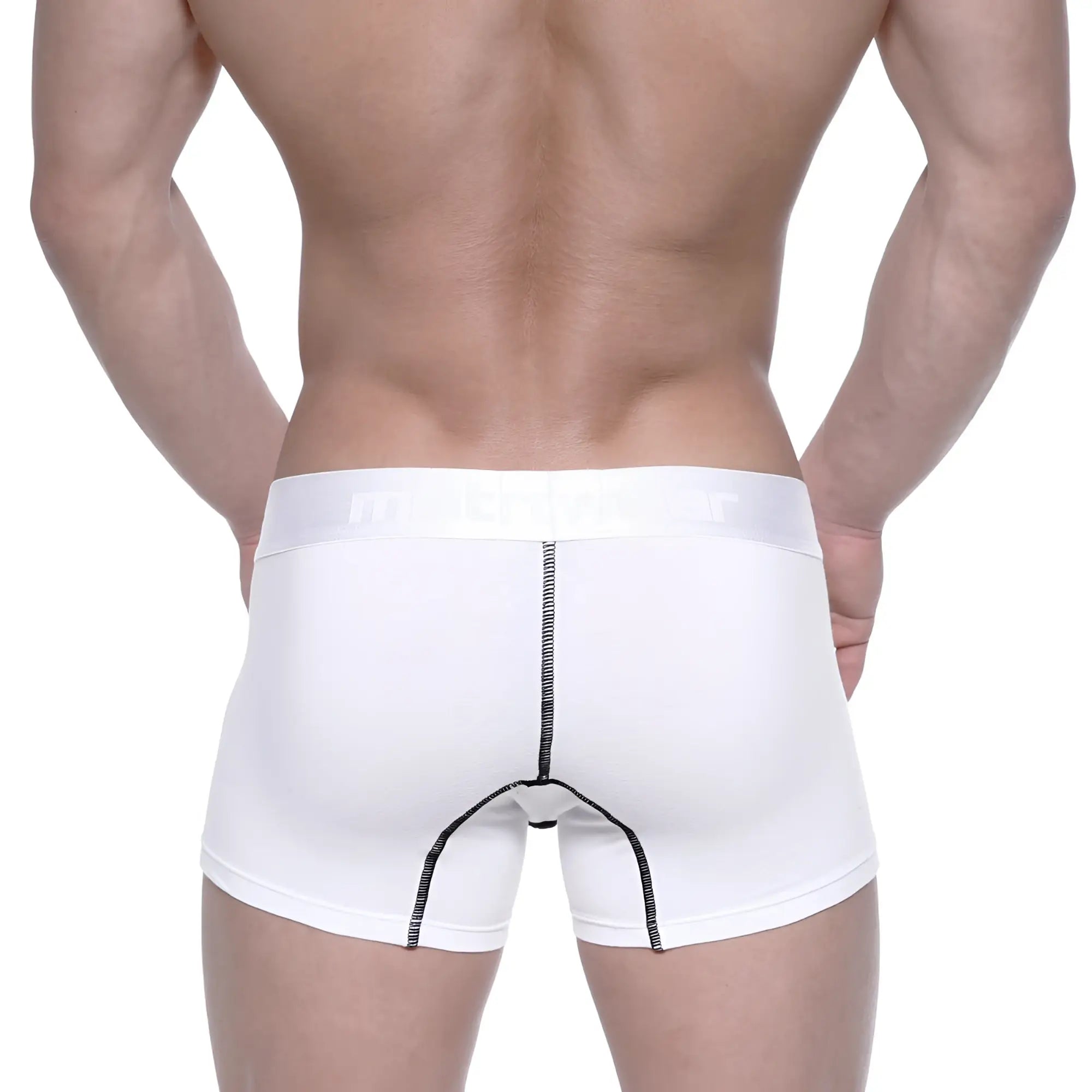 White metroMalewear cotton boxer briefs with black seam stitching and subtle waistband logo in wider 7 inch length