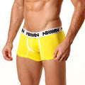 Bright yellow cotton metro male wear 7 inch men’s boxer briefs with white waistband and black lettering