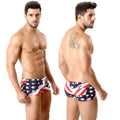 Men’s cotton swim trunks with american flag pattern by metromalewear suited for beach and pool use
