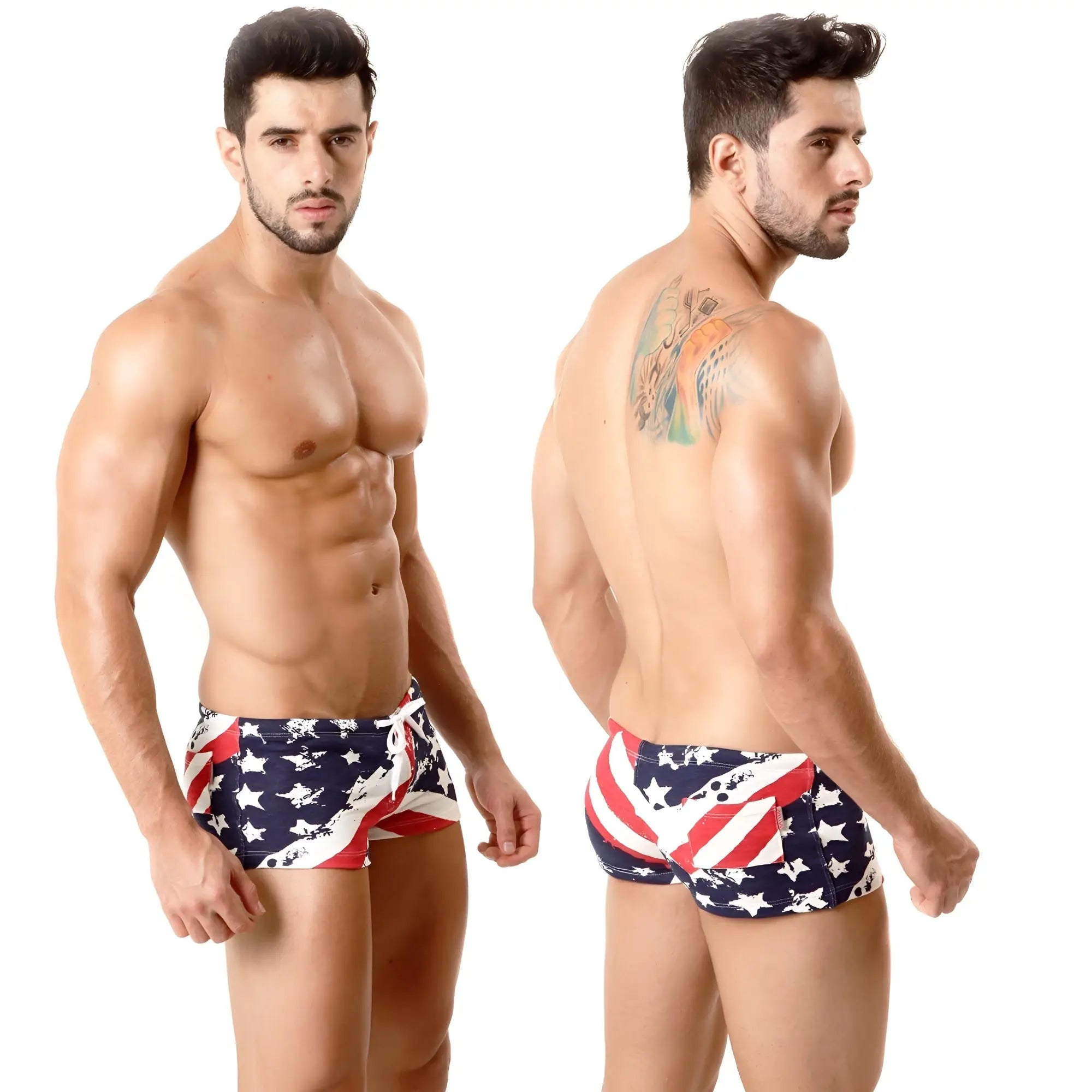 Men’s cotton swim trunks with american flag pattern by metromalewear suited for beach and pool use