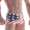 MetroMalewear cotton swim trunks with distressed american flag design in navy blue white and red stripes and stars