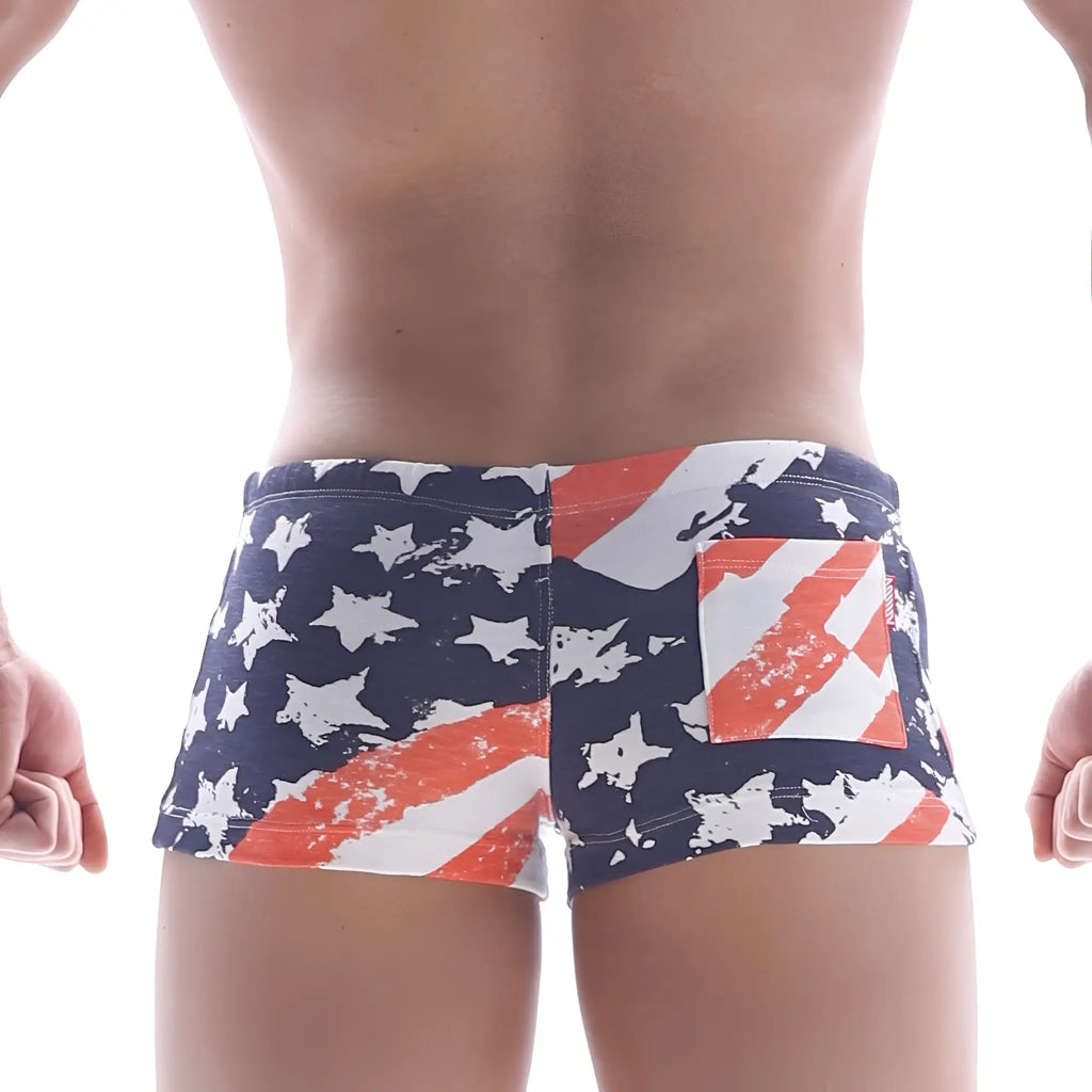 MetroMaleWear cotton patriot orange swim trunks with American flag distressed design in navy blue white and orange stripes