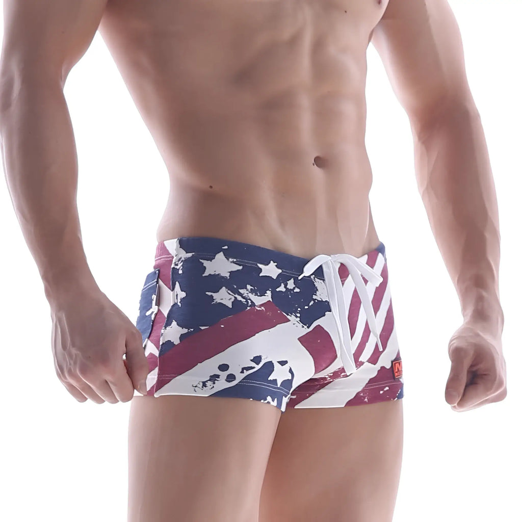 MetroMalewear cotton short patriot red 4702-91 american flag-themed distressed swim trunks in red white and blue