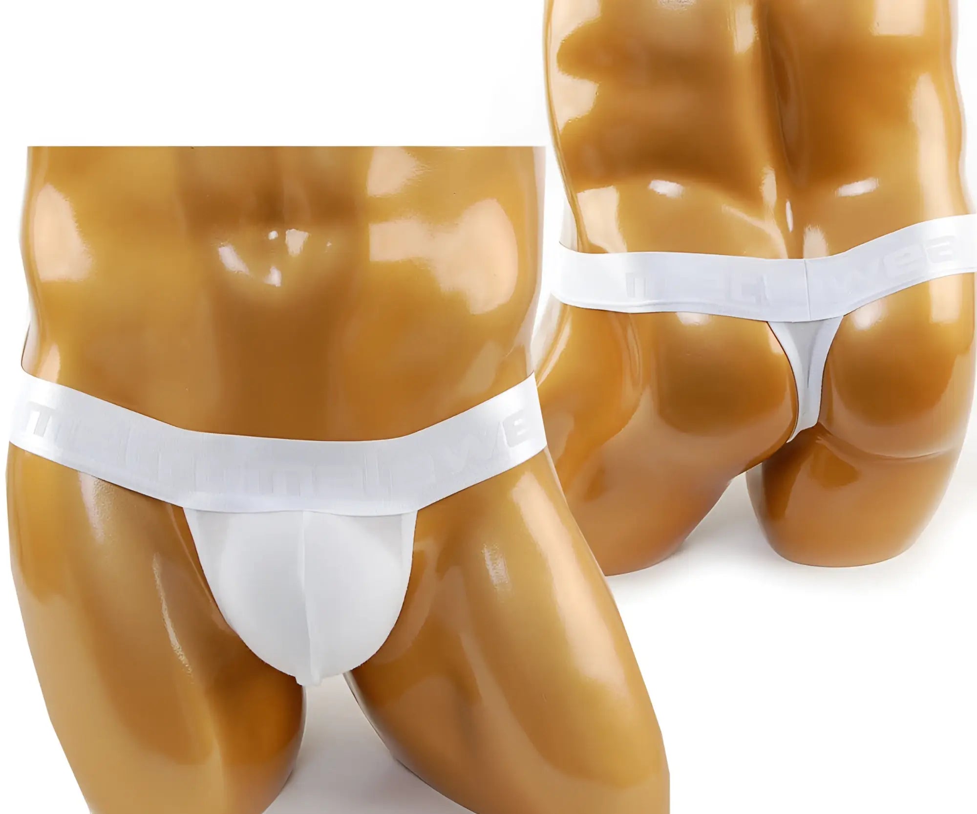 White cotton thong underwear with wide elastic waistband featuring embossed lettering from MetroMaleWear Crystal 3002-01